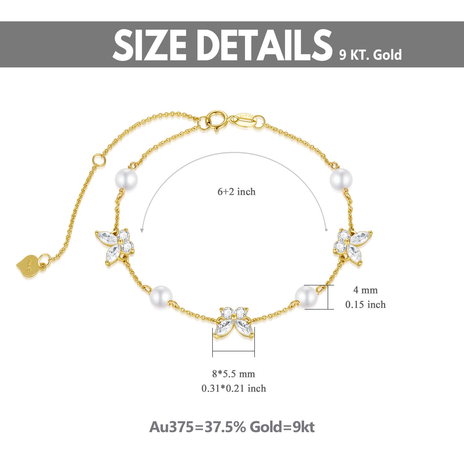 9K Gold Pearl & Cubic Zirconia Butterfly Charm Bracelet
