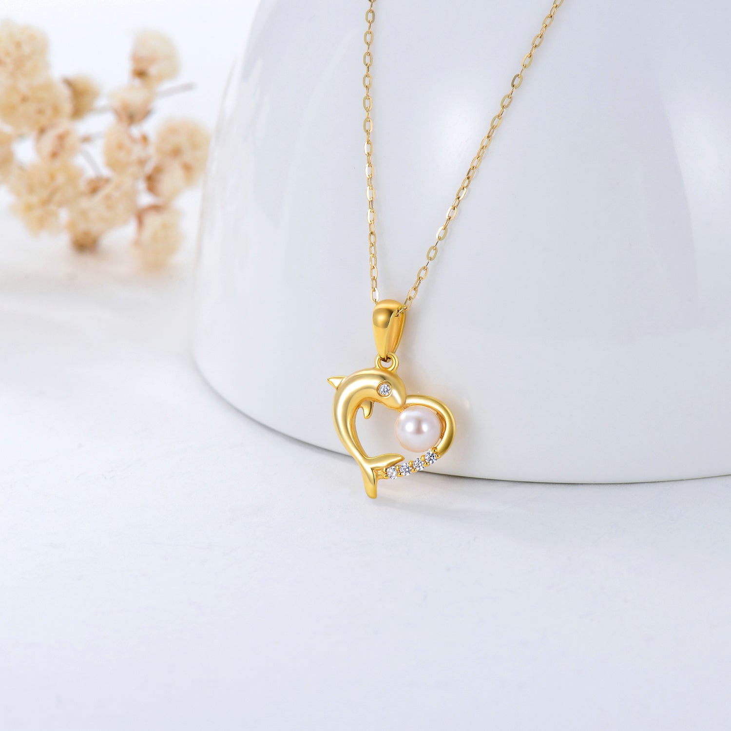 9K Gold Round Pearl With Cubic Zirconia Dolphin & Heart Pendant Necklace For Women