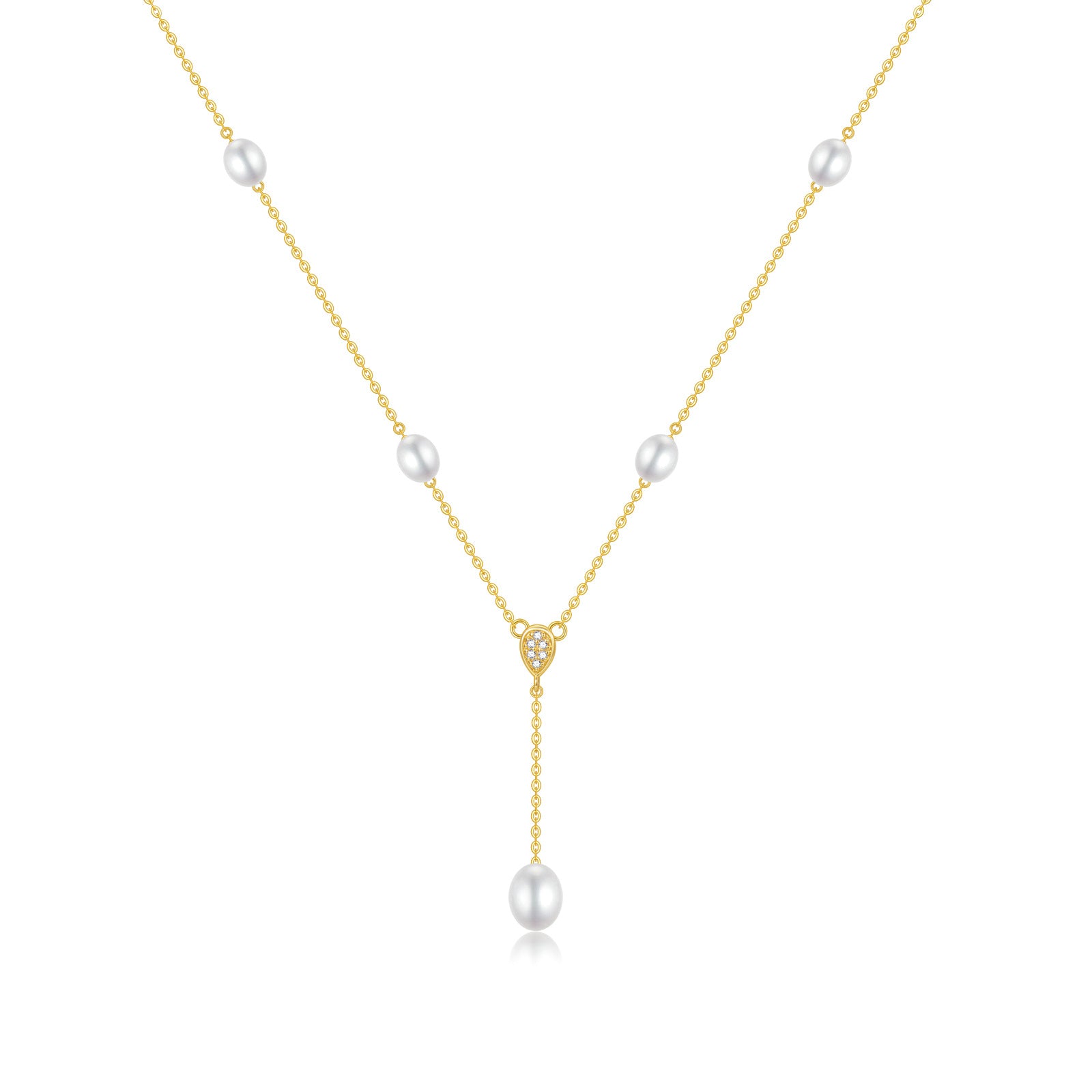 9K Gold Cubic Zirconia & Pearl Non-adjustable Y-Necklace