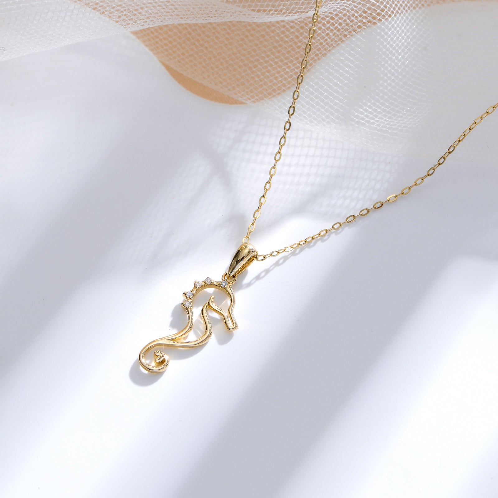 9K Gold Round Moissanite Seahorse Pendant Necklace