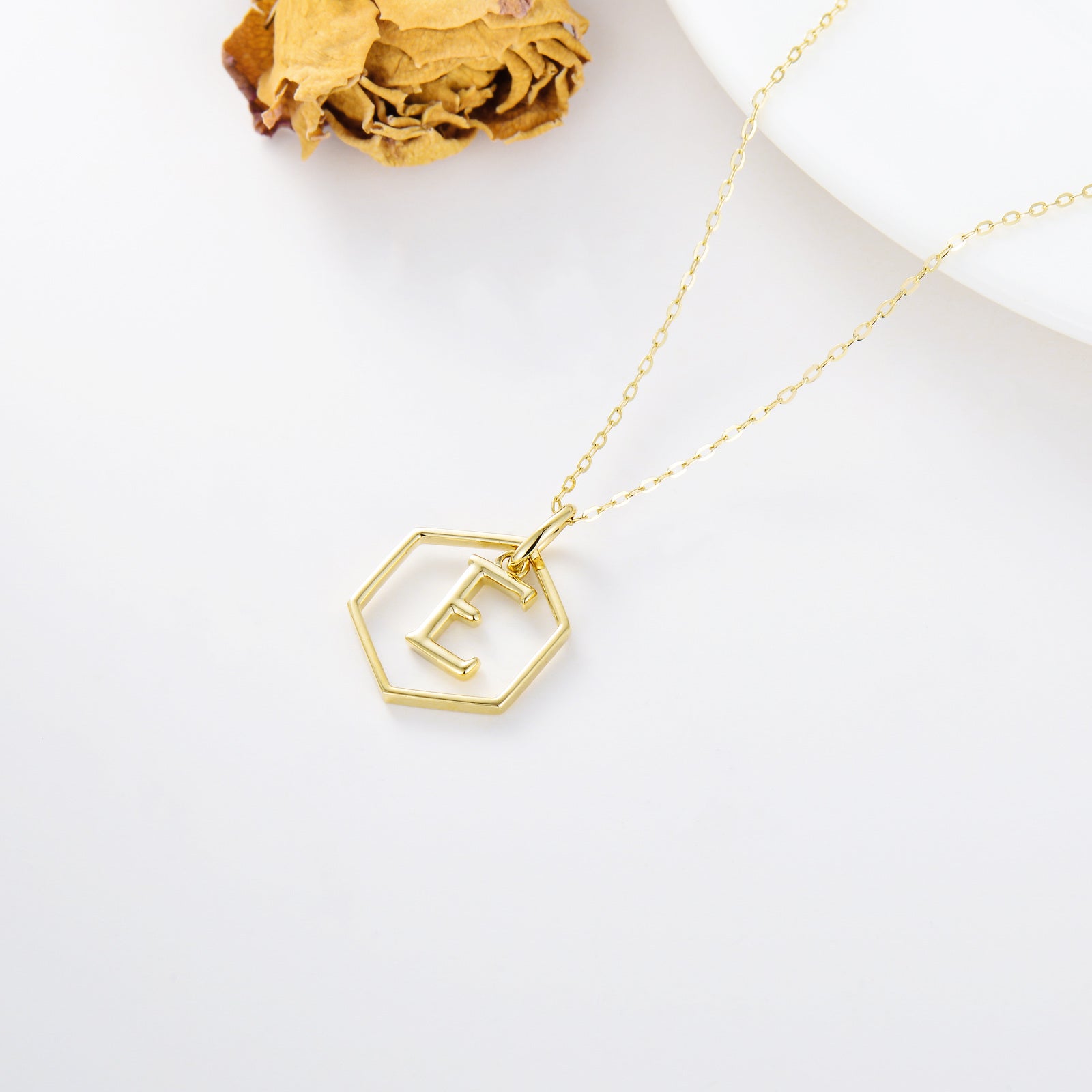 9K Gold Round Pendant Necklace with Initial Letter E