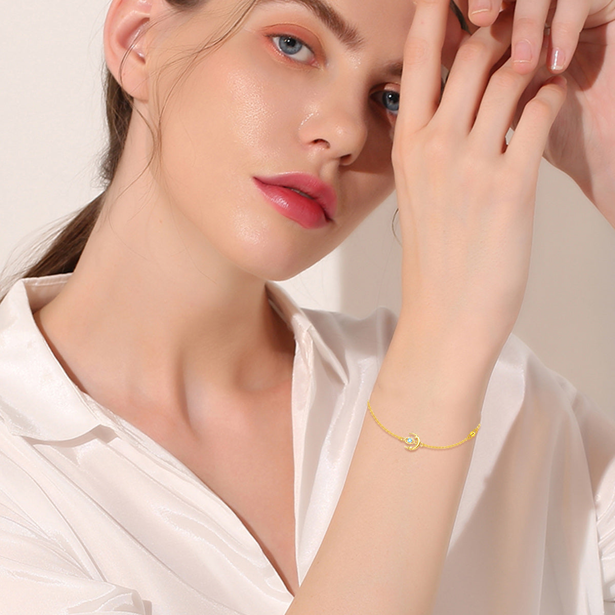 9K Gold Round Zircon Moon Bead Station Chain Bracelet