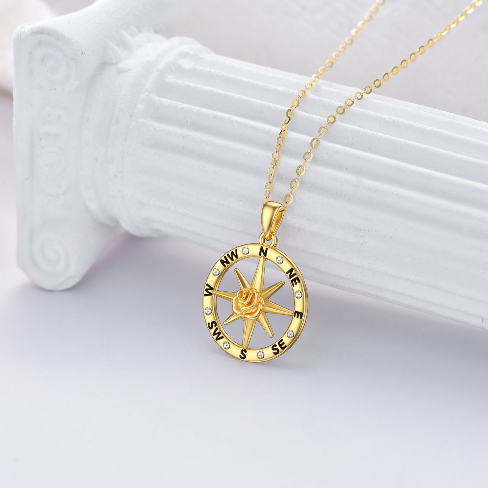 9K Gold Round Zircon Rose & Compass Pendant Necklace