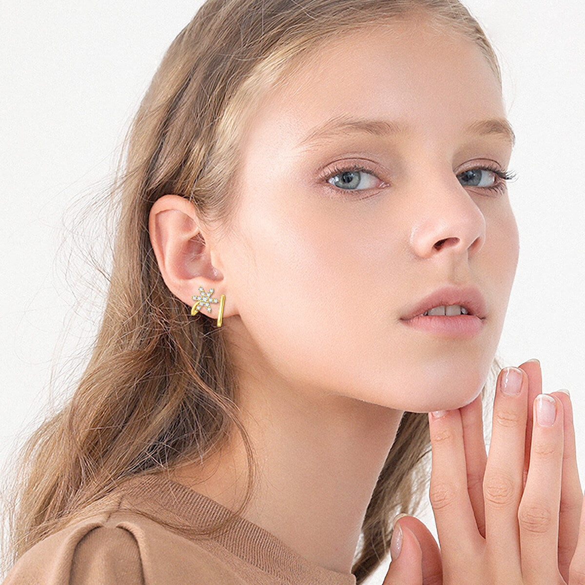 9K Gold Round Zircon Snowflake Climber Earrings