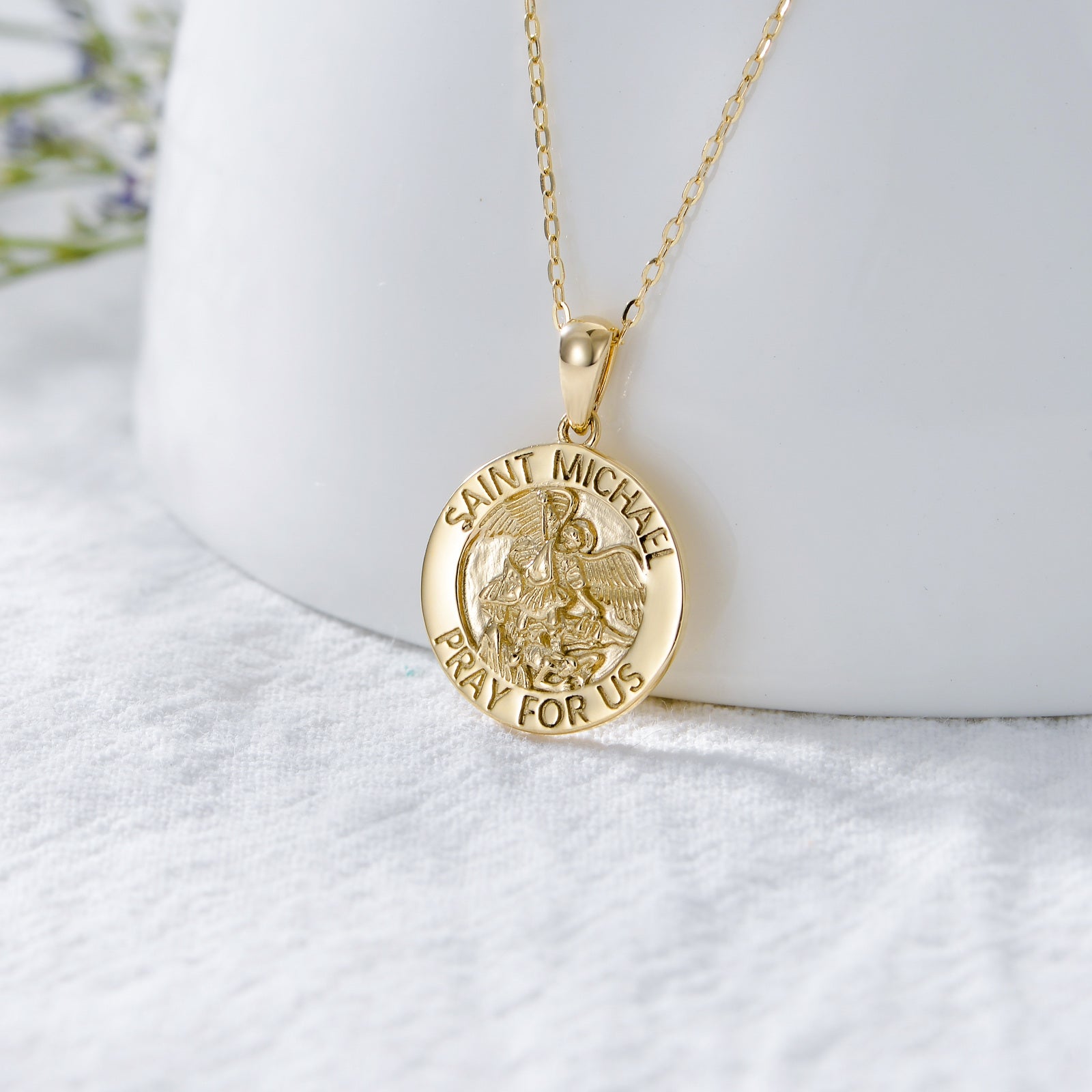 9K Gold Saint Michael Coin Pendant Necklace