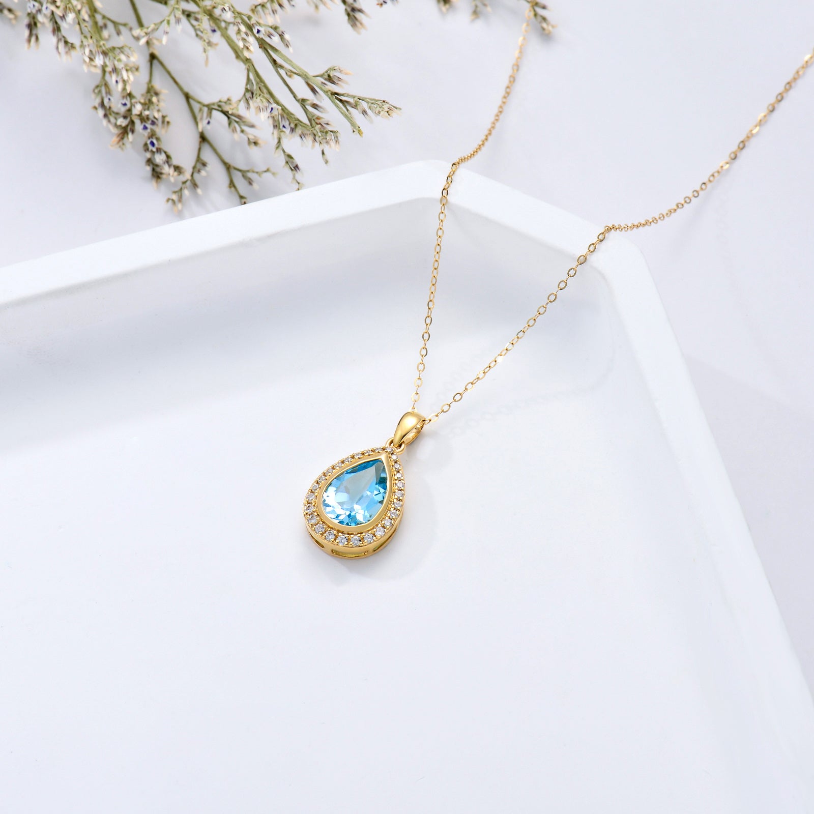 9K Gold Topaz Drop Shape Pendant Necklace