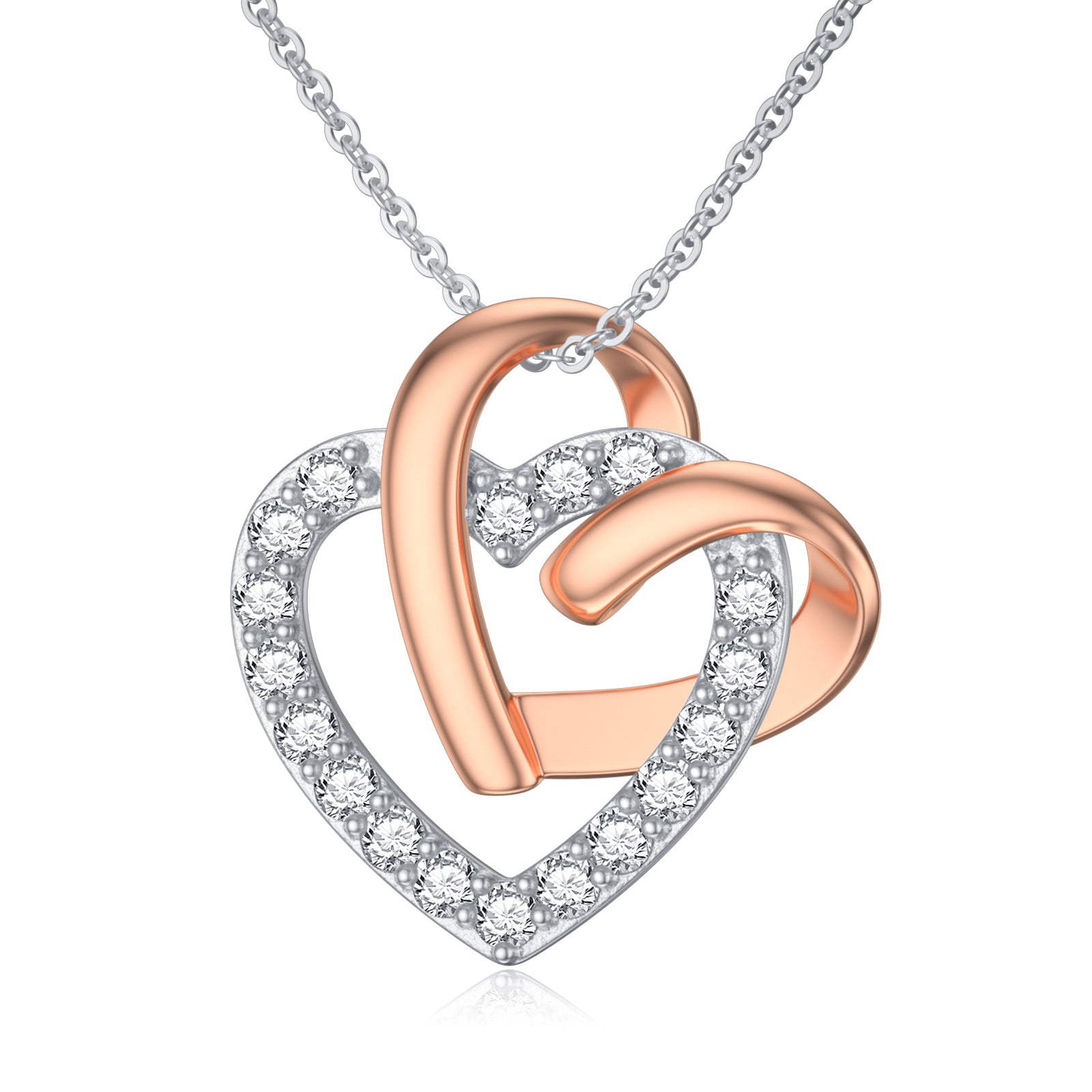 9K Gold Two Tone Cubic Zirconia Heart With Heart Pendant Necklace For Women