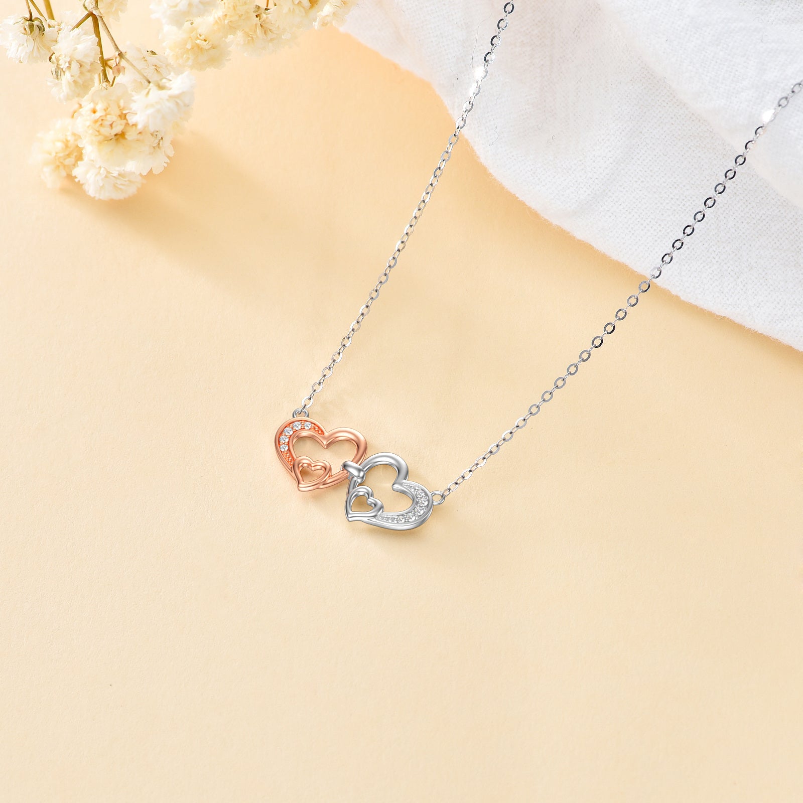 9K Two-Tone Circular Cubic Zirconia Interlocking Hearts Pendant Necklace For Women Best Friend