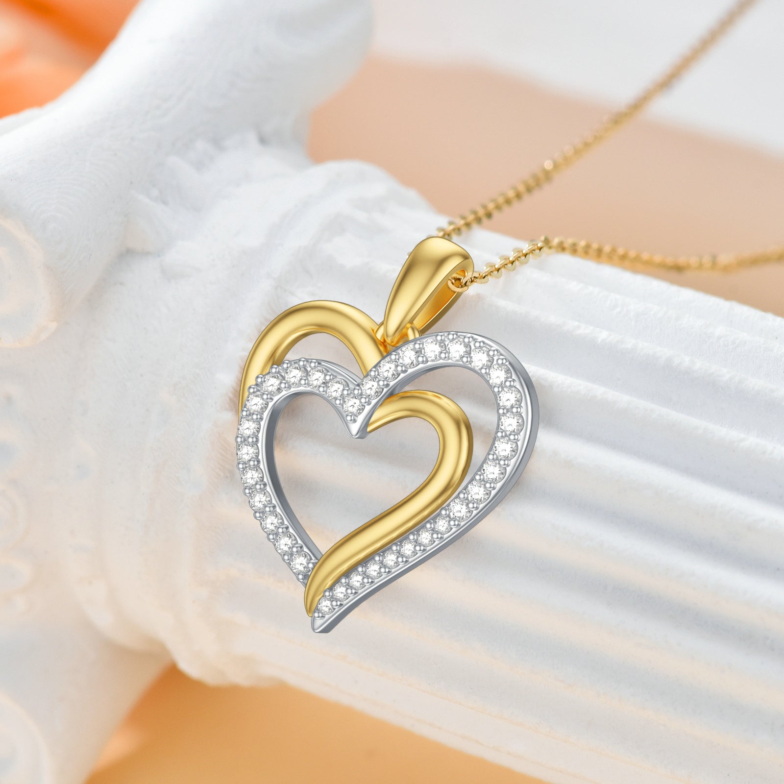 9K Gold Two-Tone Cubic Zirconia Heart Pendant Necklace For Women