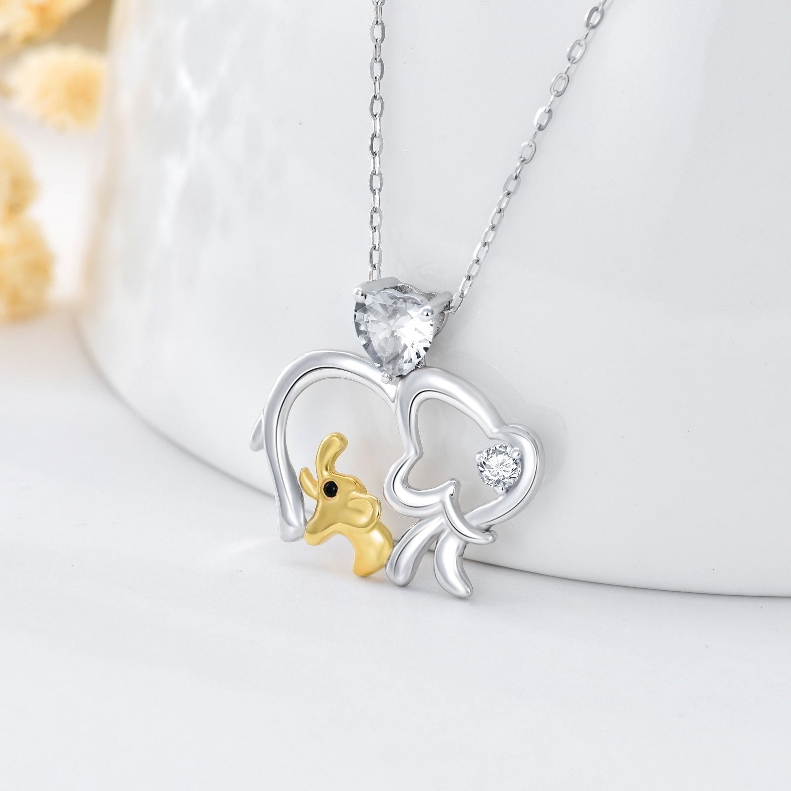 9K White Gold Two-Tone Heart Zircon Elephant Pendant Necklace For Women