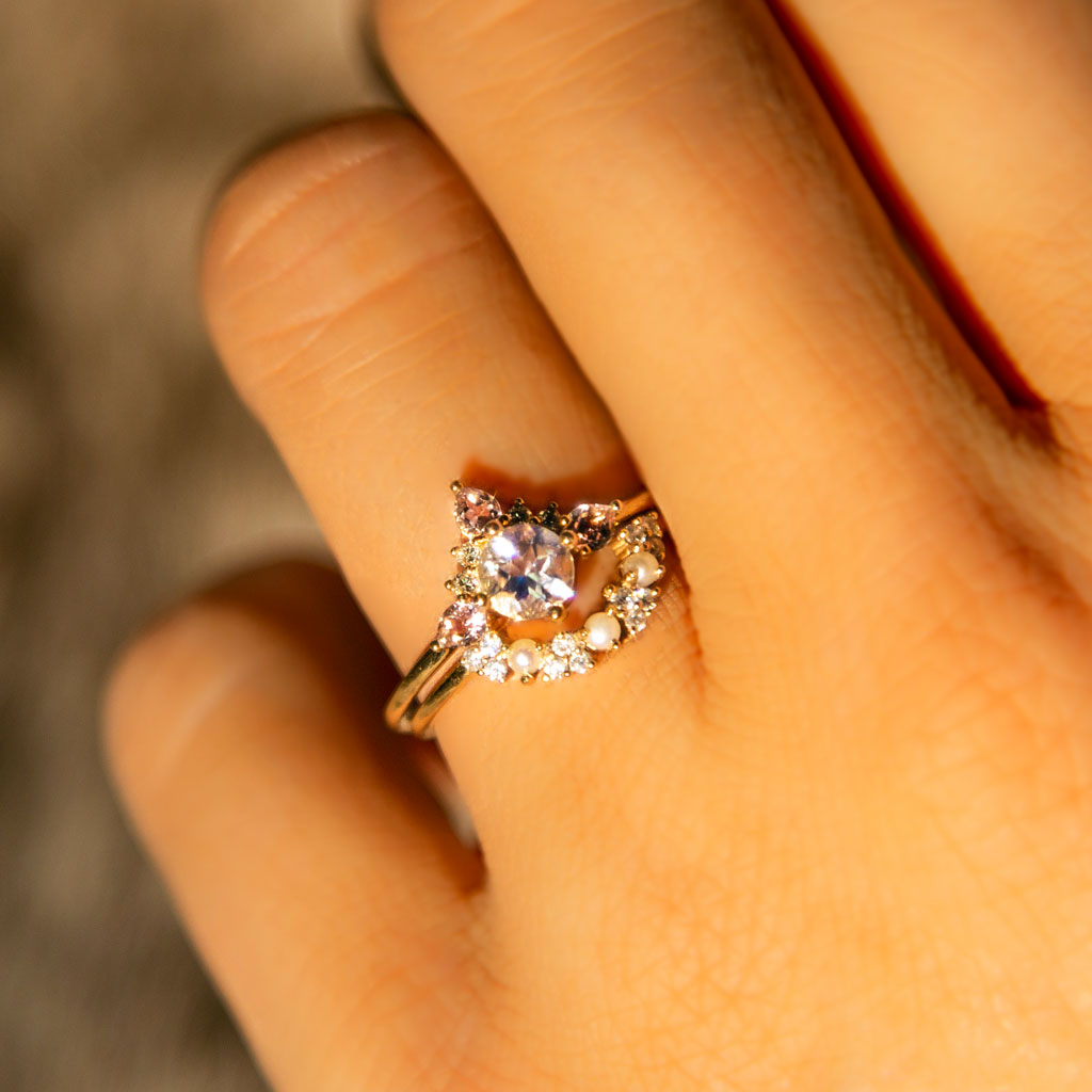 Solid Gold Rainbow Moonstone, Morganite & Diamond Unicorn Ring