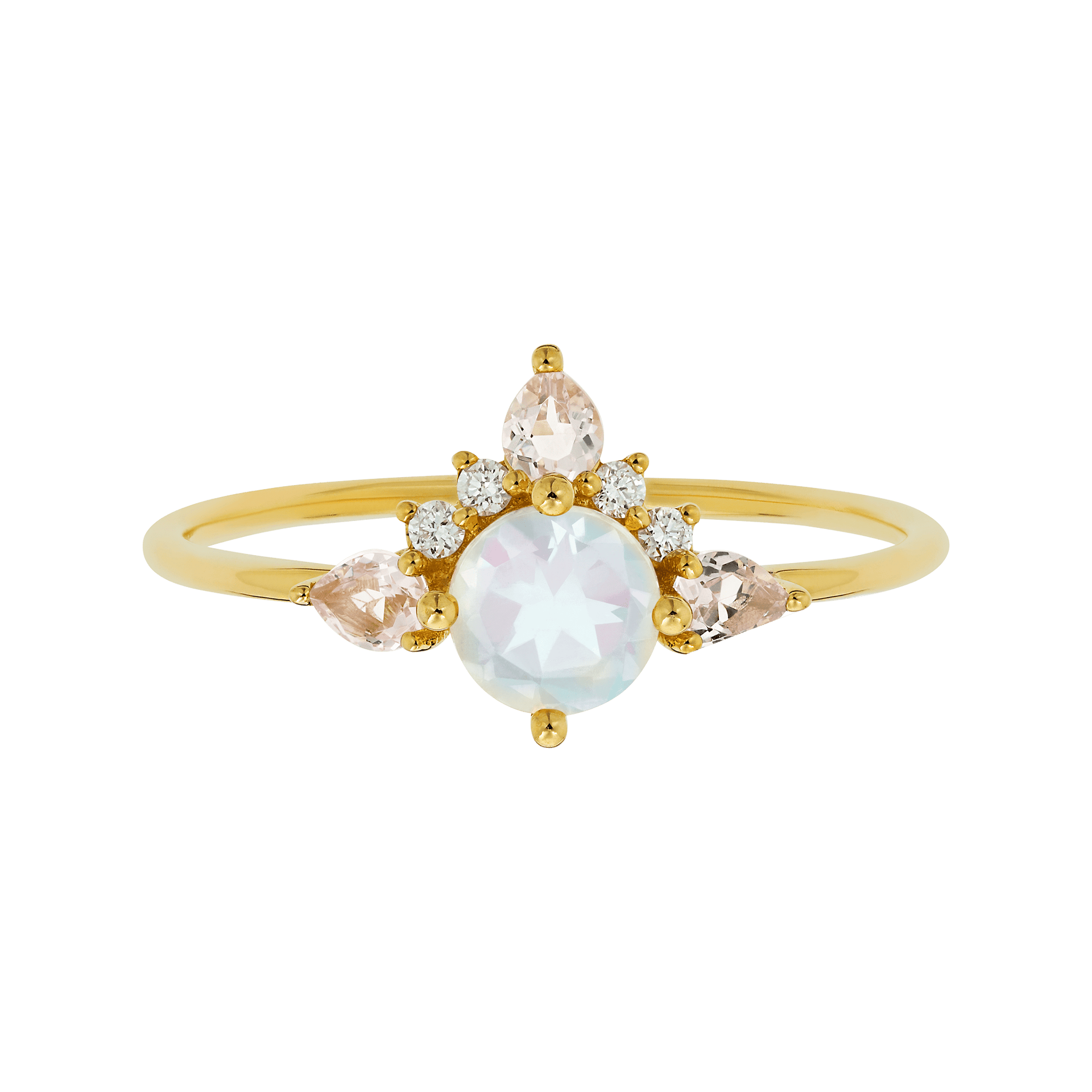 Solid Gold Rainbow Moonstone, Morganite & Diamond Unicorn Ring