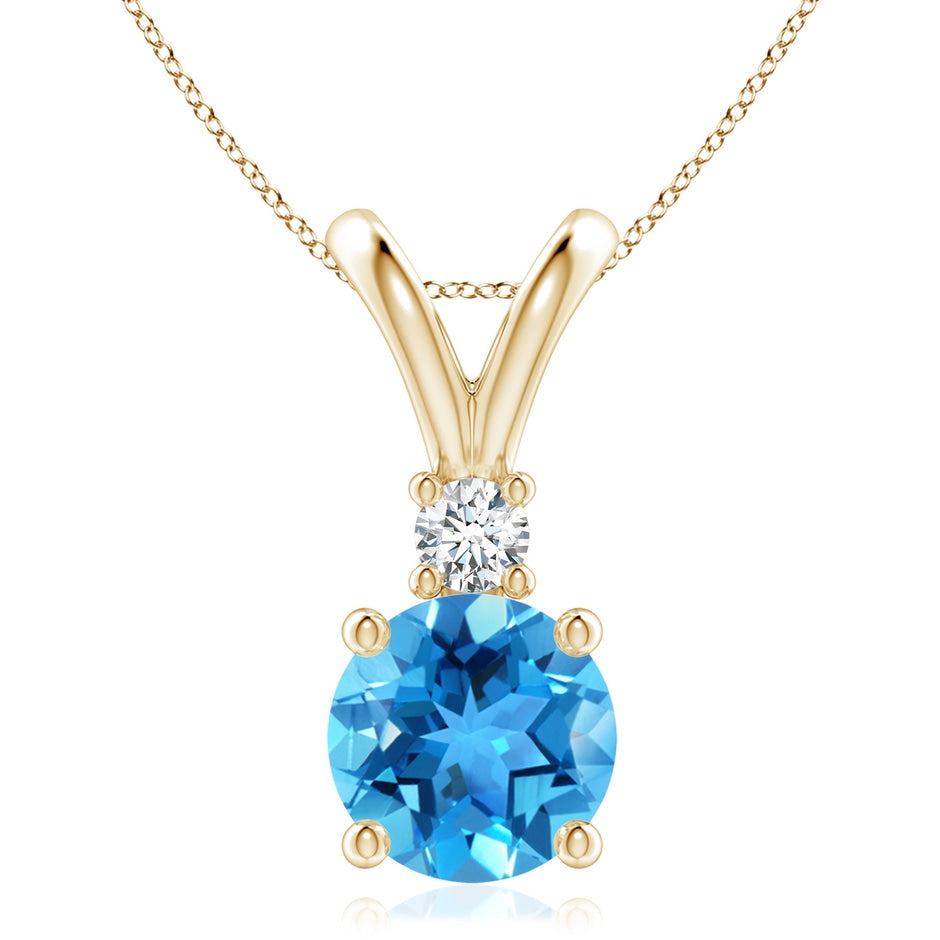 Round Swiss Blue Topaz Solitaire V-Bale Pendant with Diamond