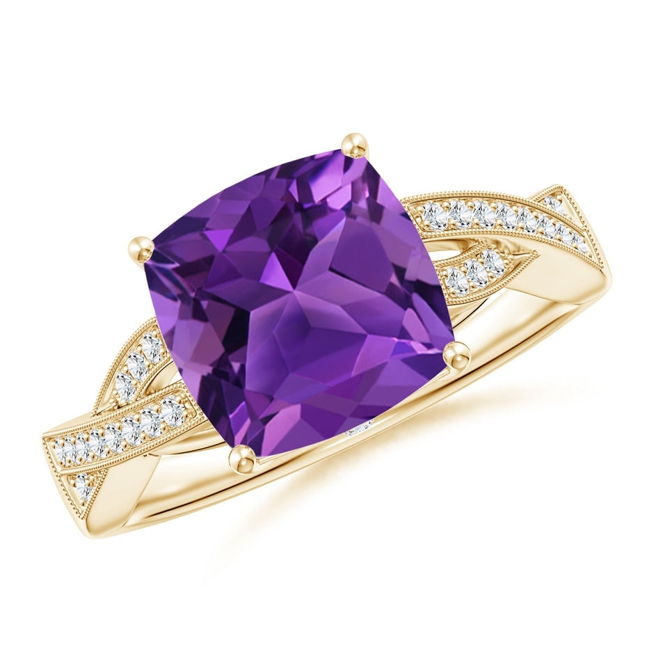 Solitaire Cushion Amethyst Criss Cross Ring with Diamonds