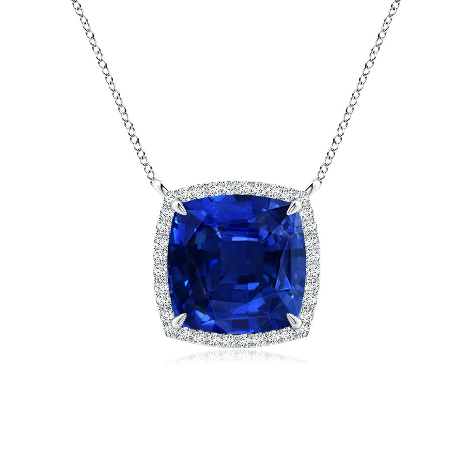 Lab-Grown Cushion Blue Sapphire Halo Pendant with Filigree