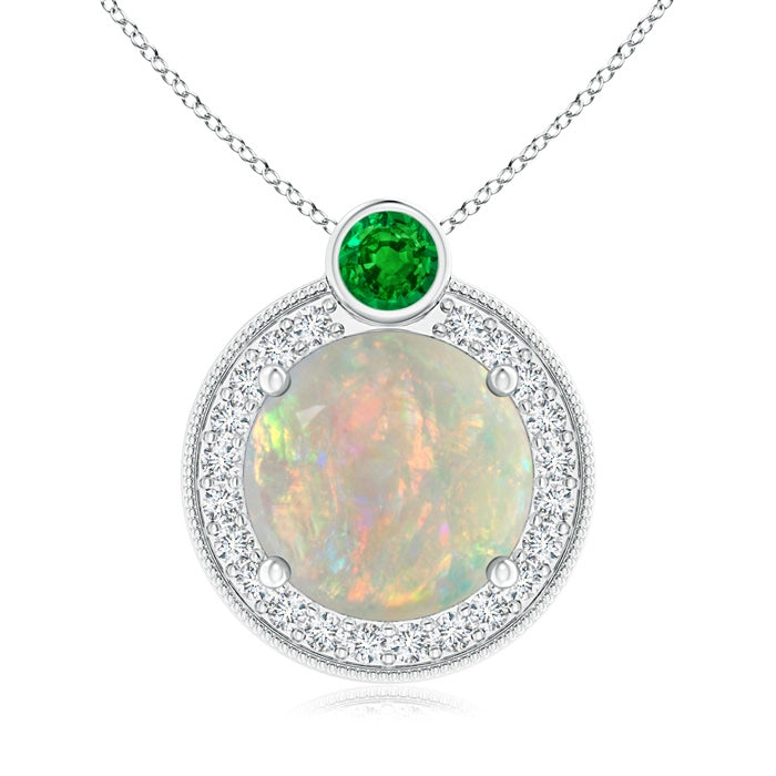 Round Opal and Diamond Halo Pendant with Bezel-Set Emerald