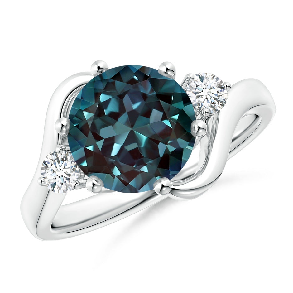 Round Lab-Grown Alexandrite and Diamond Three Stone Bypass Ring