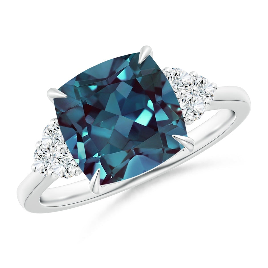 Cushion Lab-Grown Alexandrite Engagement Ring with Trio Diamonds