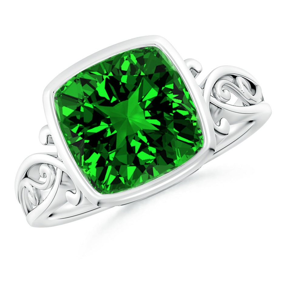 Vintage Style Cushion Lab-Grown Emerald Solitaire Engagement Ring