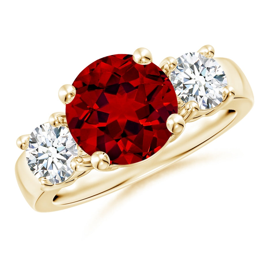 Classic Round Lab-Grown Ruby and Diamond Three Stone Engagement Ring