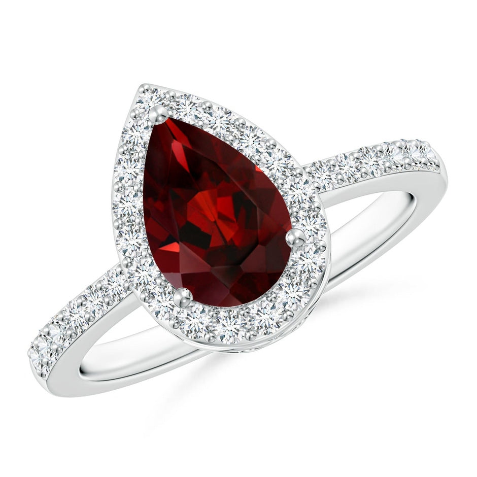 Prong-Set Pear Garnet Ring with Diamond Halo