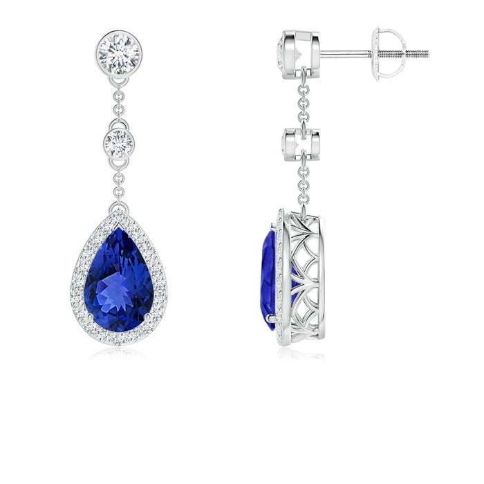 Vintage Style Pear-Shaped Tanzanite Halo Drop Earrings