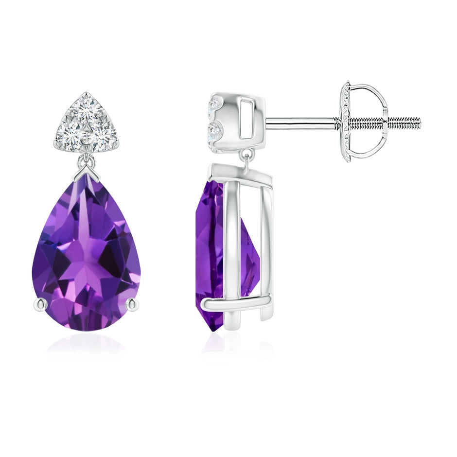Pear-Shaped Amethyst Drop Earrings with Trio Diamonds