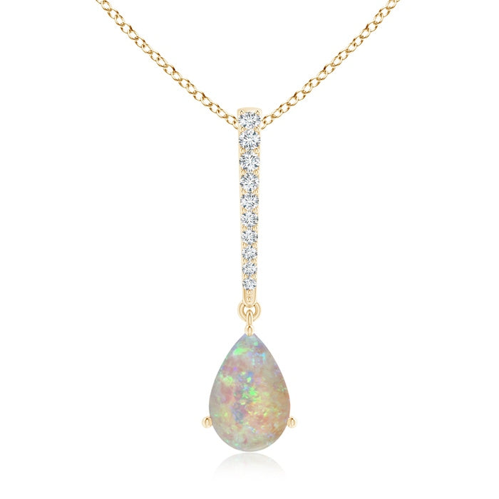 Opal Solitaire Long Drop Pendant with Diamond Studded Bale