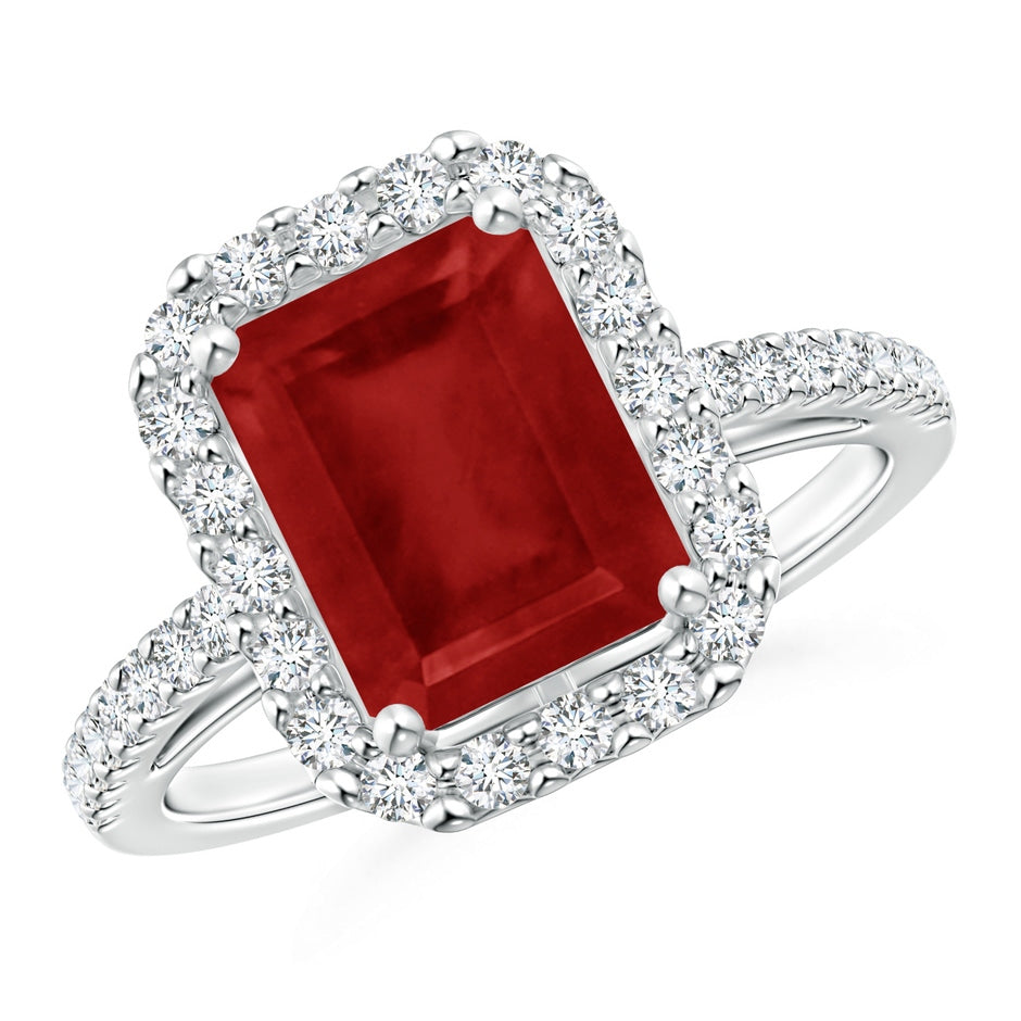 Prong-Set Emerald-Cut Ruby Halo Ring