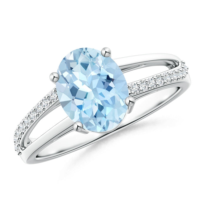 Oval Aquamarine Split Shank Ring with Diamond Accents