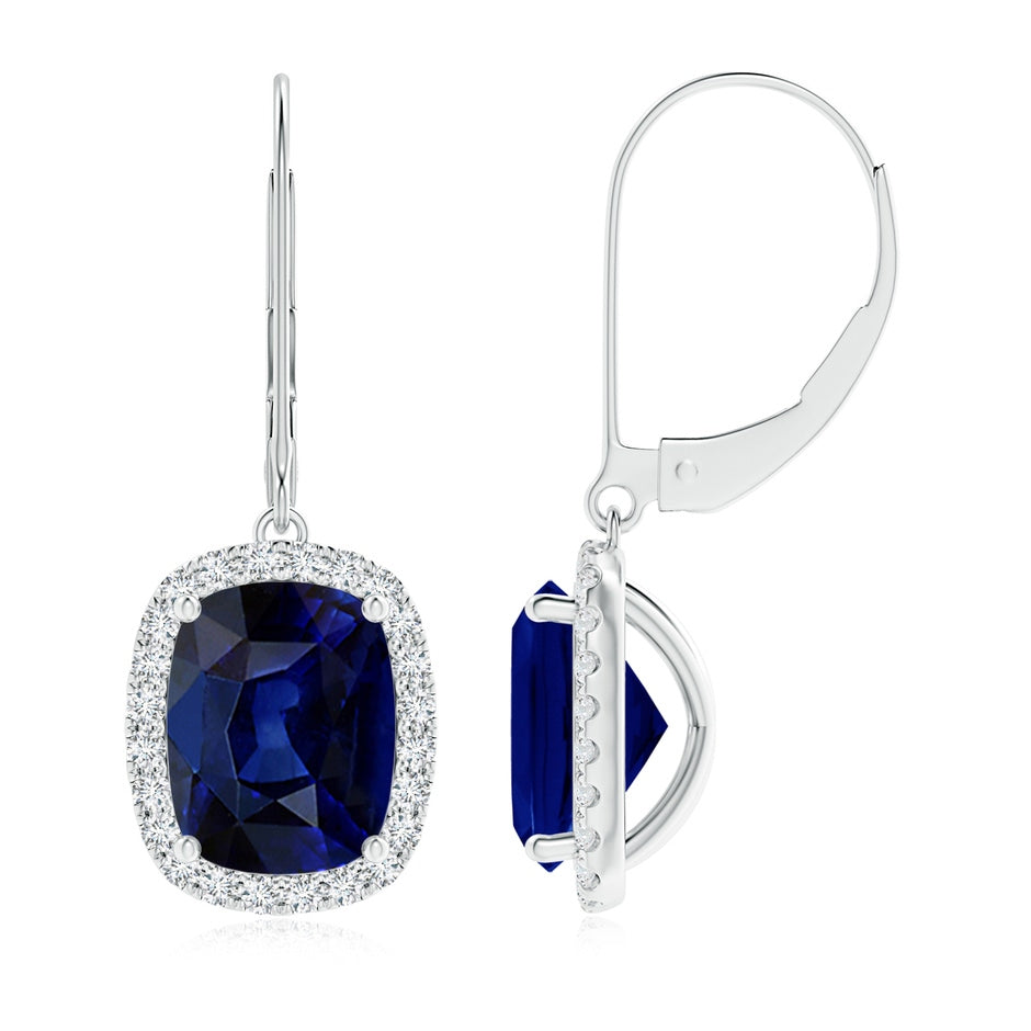 Cushion Blue Sapphire Leverback Earrings with Diamond Halo