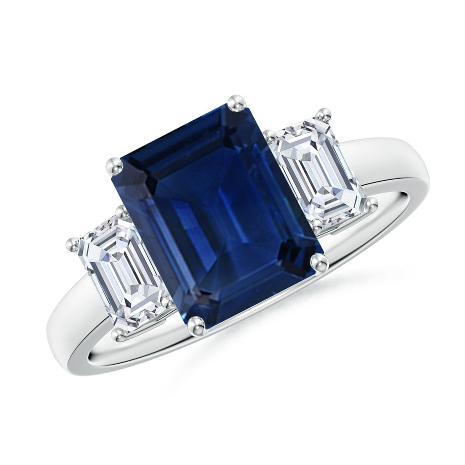 Emerald-Cut Blue Sapphire and Diamond Three Stone Ring