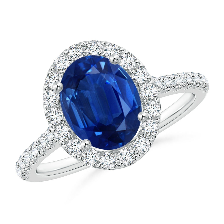 Prong-Set Oval Blue Sapphire Halo Ring with Diamond Accents