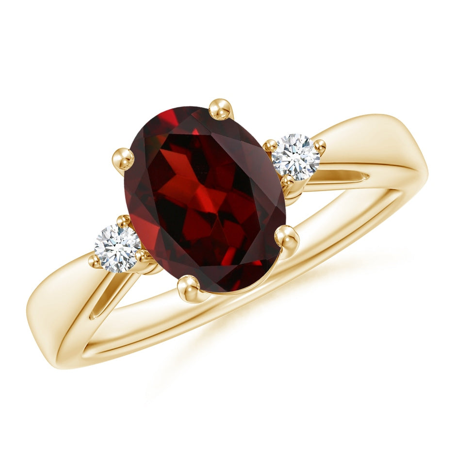 Tapered Shank Garnet Solitaire Ring with Diamond Accents