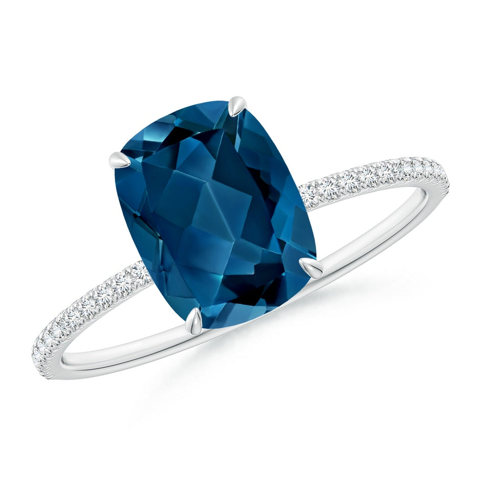 Thin Shank Cushion London Blue Topaz Ring with Diamonds