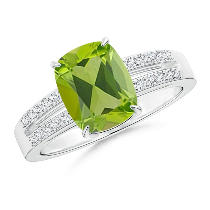 Cushion Peridot Split Shank Ring with Diamond Accents