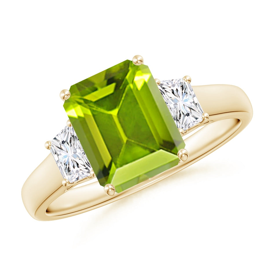 Three Stone Emerald-Cut Peridot and Diamond Ring