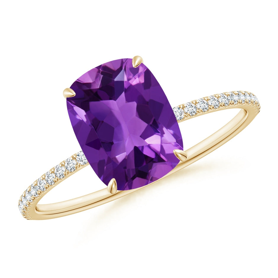 Thin Shank Cushion Cut Amethyst Ring With Diamond Accents
