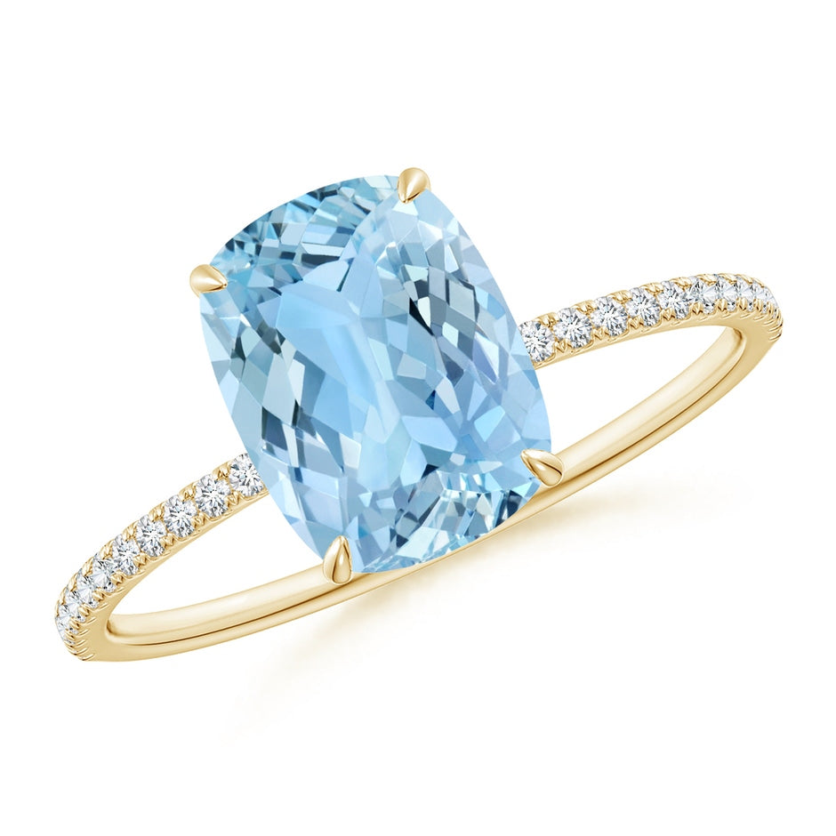 Thin Shank Cushion Cut Aquamarine Engagement Ring With Diamond Accents