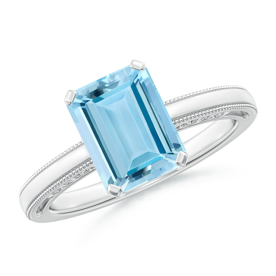 Emerald-Cut Aquamarine Solitaire Engagement Ring with Milgrain