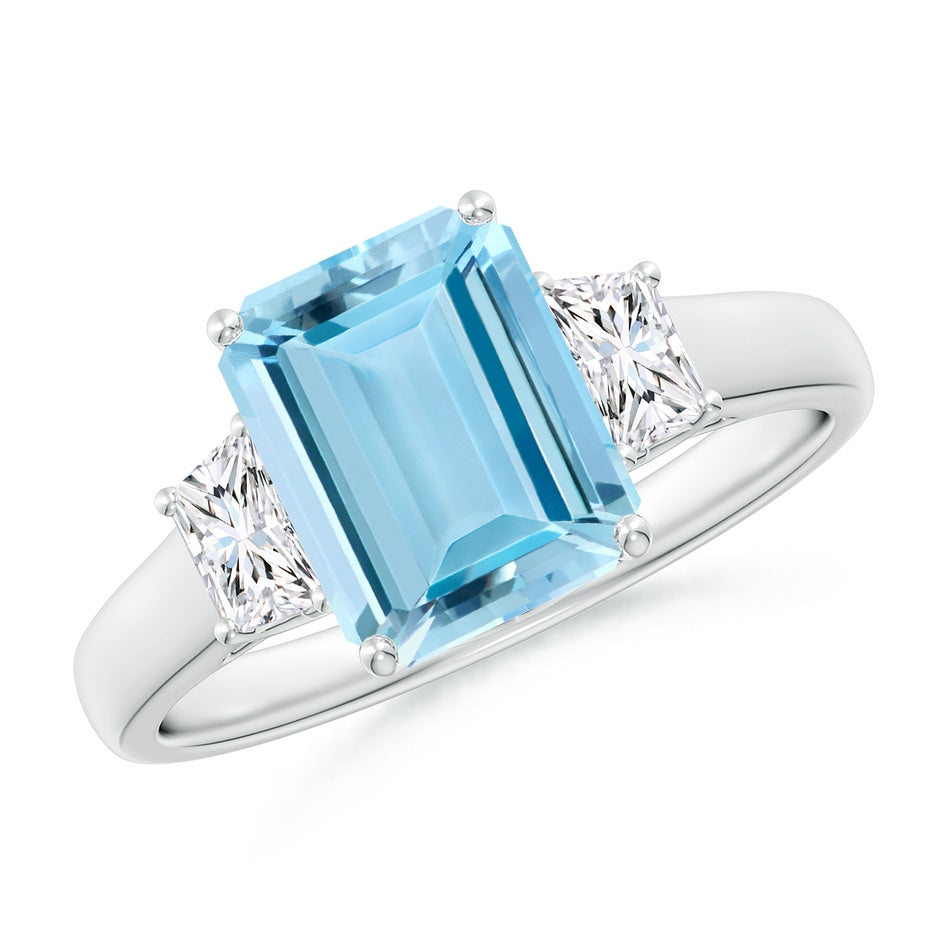 Three Stone Emerald-Cut Aquamarine and Diamond Engagement Ring
