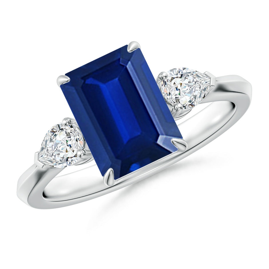 Lab-Grown Emerald-Cut Blue Sapphire and Pear Diamond Three Stone Engagement Ring