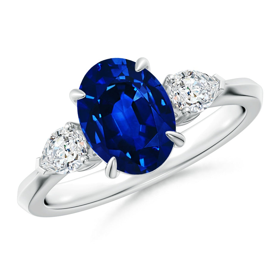 Lab-Grown Oval Blue Sapphire and Pear Diamond Three Stone Engagement Ring