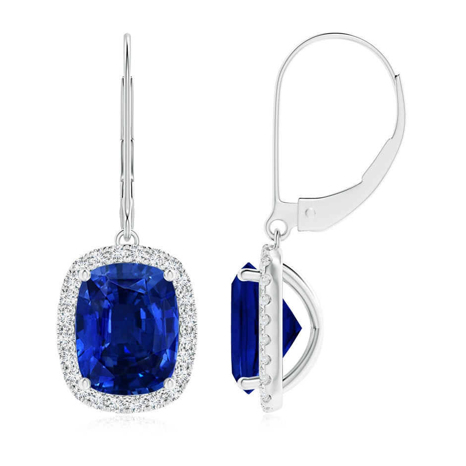 Lab-Grown Cushion Blue Sapphire Leverback Earrings with Lab Diamond Halo