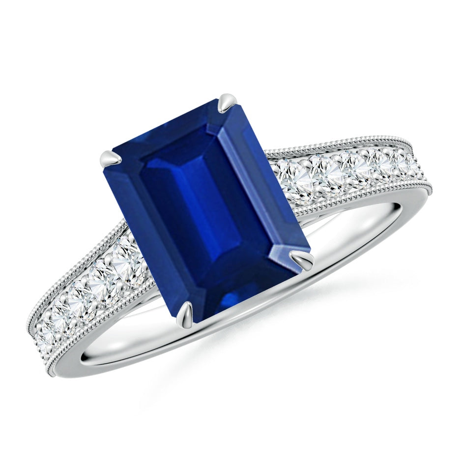 Vintage Inspired Emerald-Cut Lab-Grown Blue Sapphire Engagement Ring with Milgrain