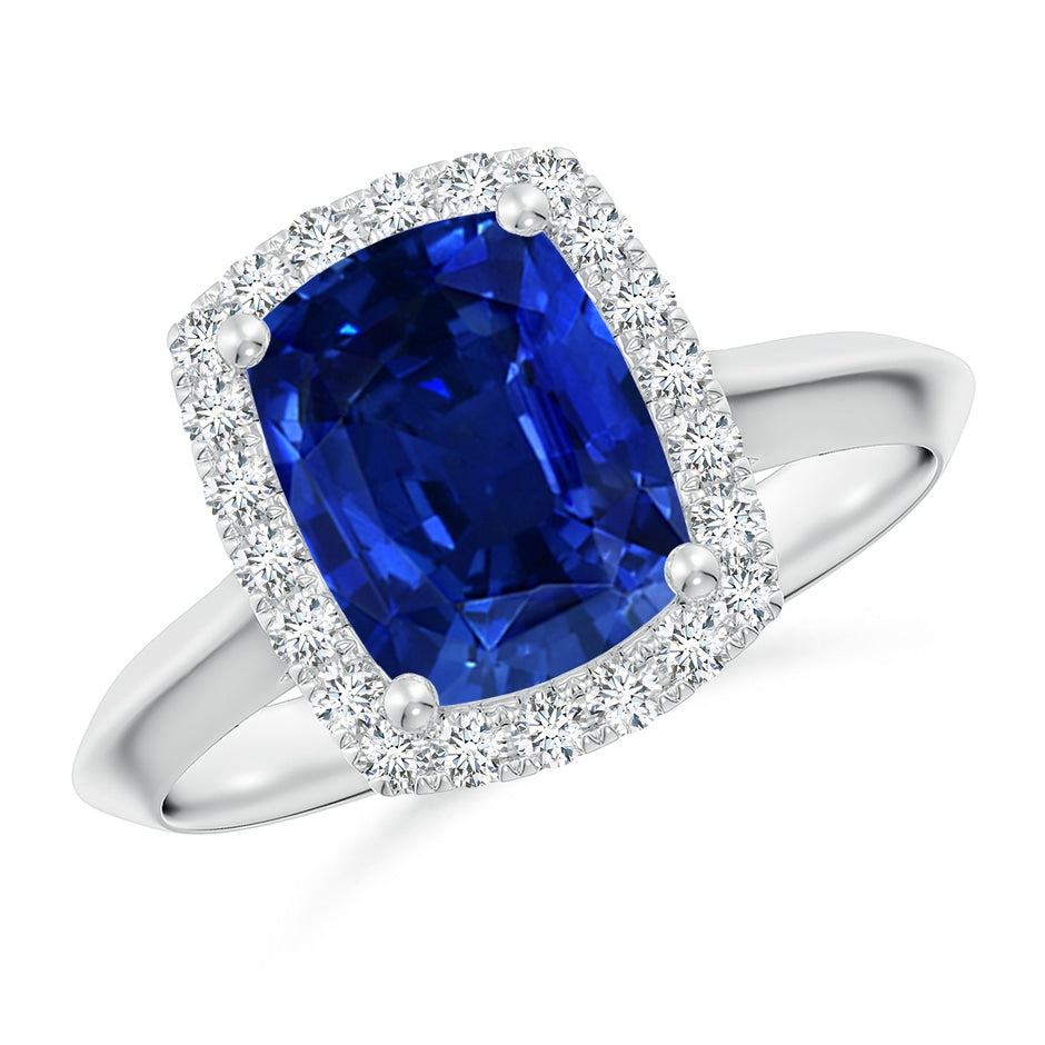 Lab-Grown Cushion Rectangular Blue Sapphire Halo Knife-Edge Shank Engagement Ring