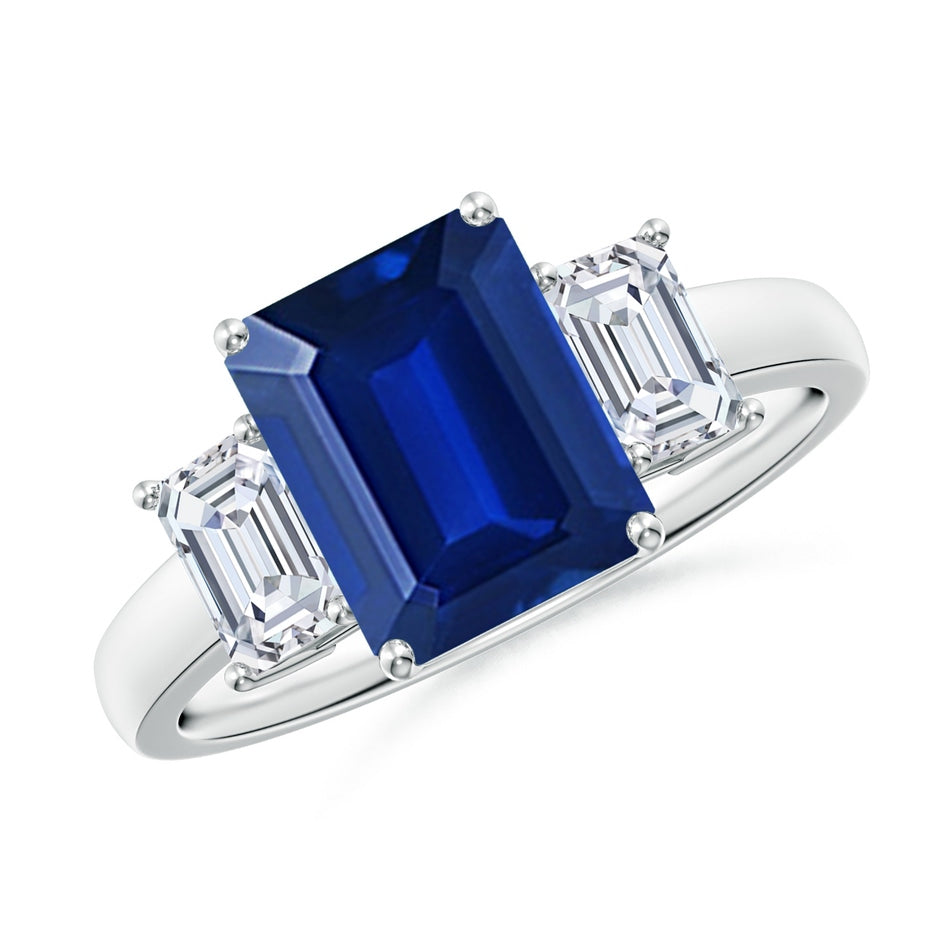 Lab-Grown Emerald-Cut Blue Sapphire and Lab Diamond Three Stone Ring