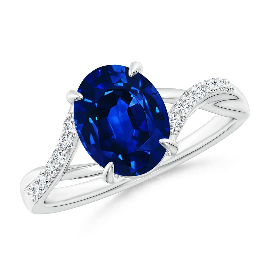 Lab-Grown Oval Blue Sapphire Split Shank Ring with Diamond Accents