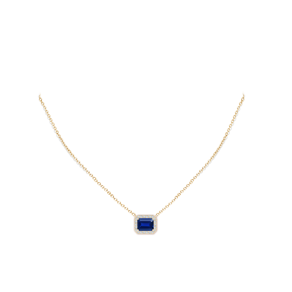 Vintage Style East-West Emerald-Cut Lab-Grown Blue Sapphire Halo Pendant