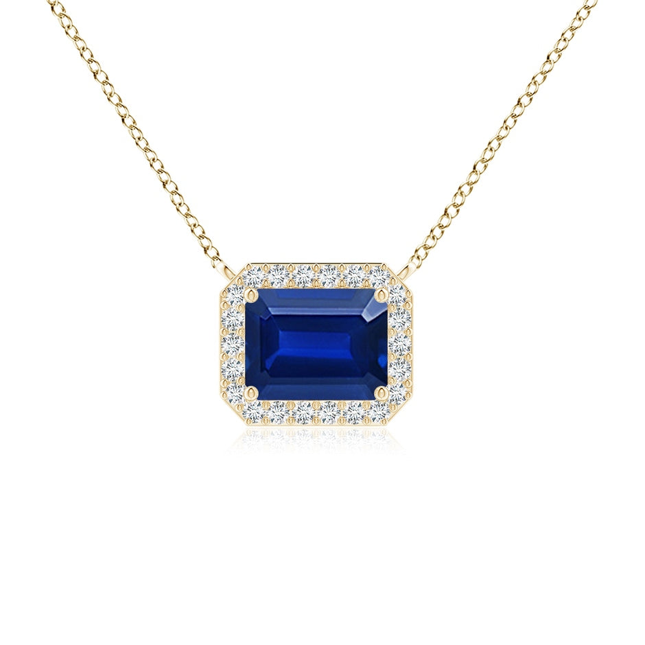 Vintage Style East-West Emerald-Cut Lab-Grown Blue Sapphire Halo Pendant
